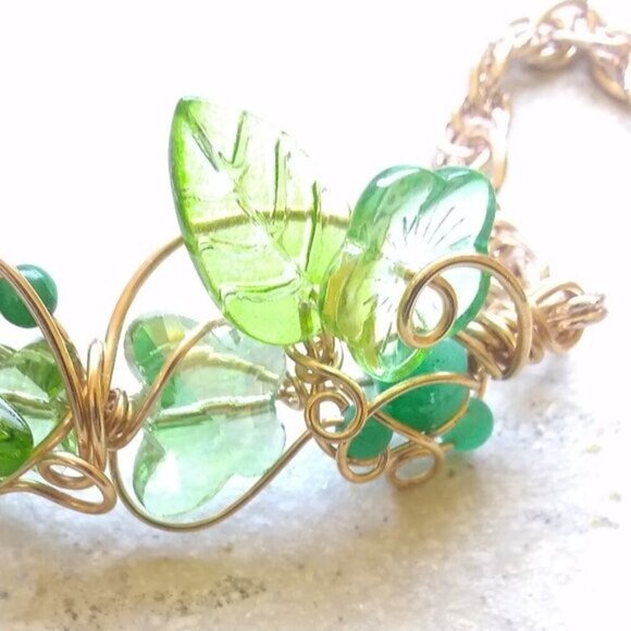Whimsical Spring Bracelet - Green Leaves Butterflies Flowers! Uniquely Handmade - Picture 4 of 11